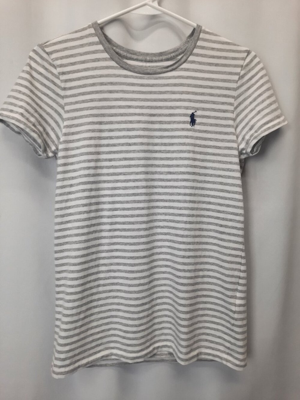 Polo Ralph Lauren Women’s Medium Gray White Striped Short Sleeve Shirt Retro y2k